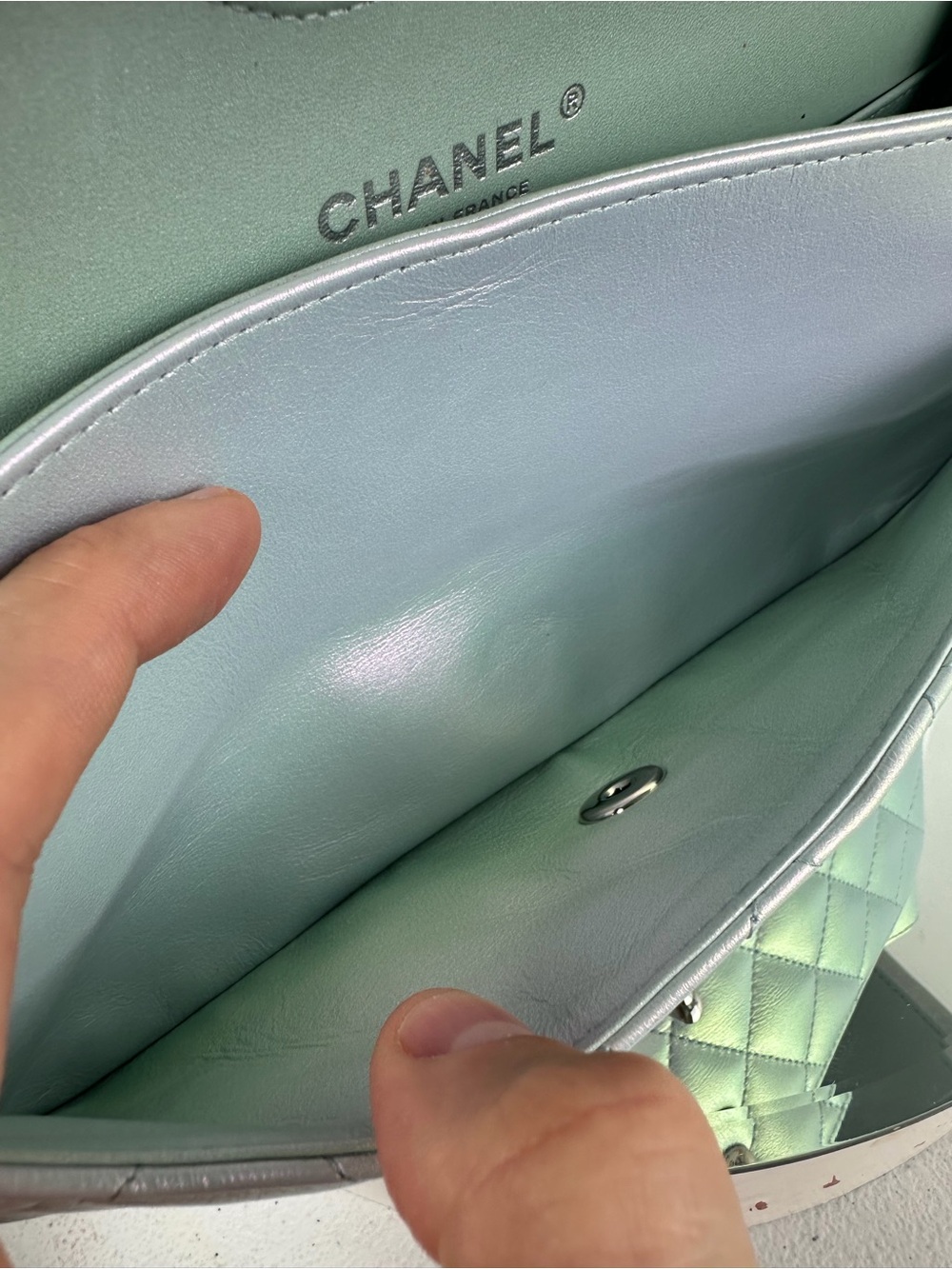 ❌SOLD IN BUNDLE❌Iridescent Light Blue Classic Double Flap Medium Silver Hardware - Picture 14 of 14
